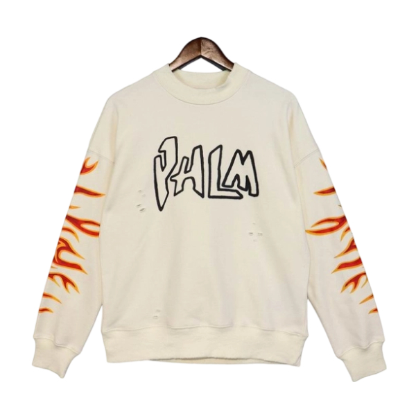 Palm Angels Flame Letter Crewneck Sweatshirt Cream OKZY20261763