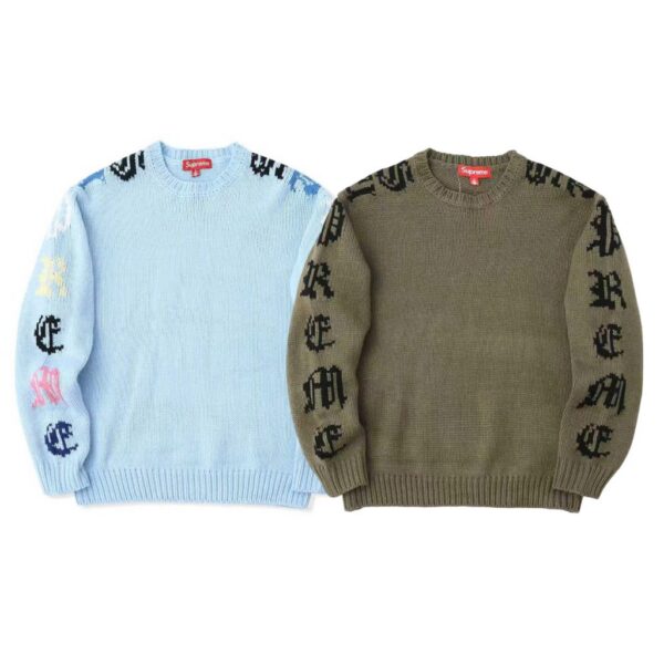 Supreme Gothic Letter Sleeve Knit Sweater Light Blue/Olive ( Sweater) OKZY20261779