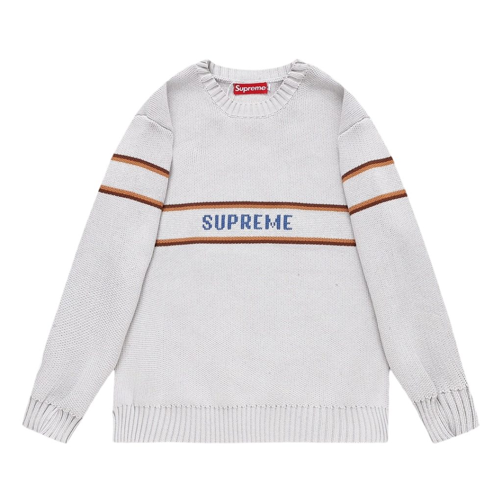 Supreme Striped Logo Knit Sweater Light Grey ( Sweater) OKZY20261784