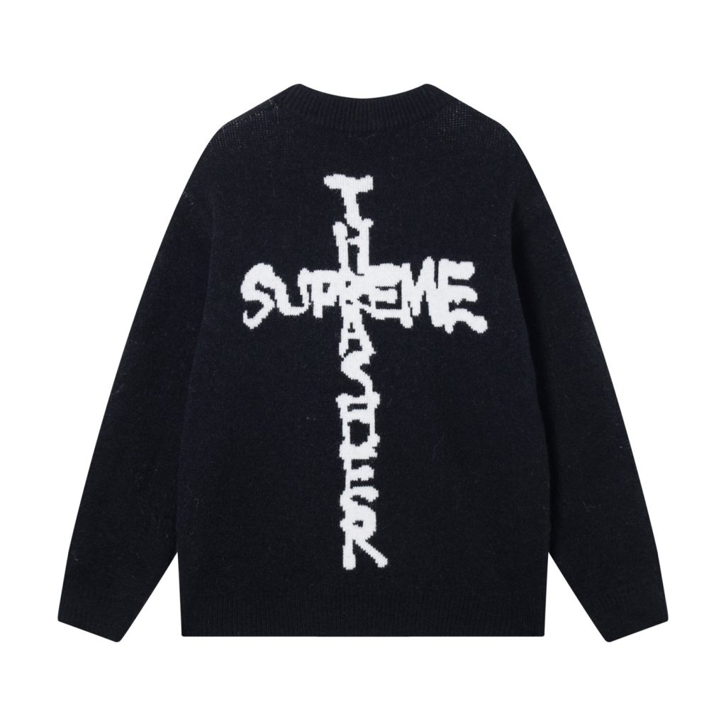 Supreme Cross Text Back Print Knit Sweater Black ( Sweater) OKZY20261786