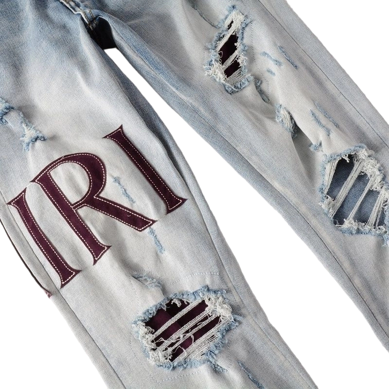 Amiri Maroon Logo Ripped Jeans OKZY202617