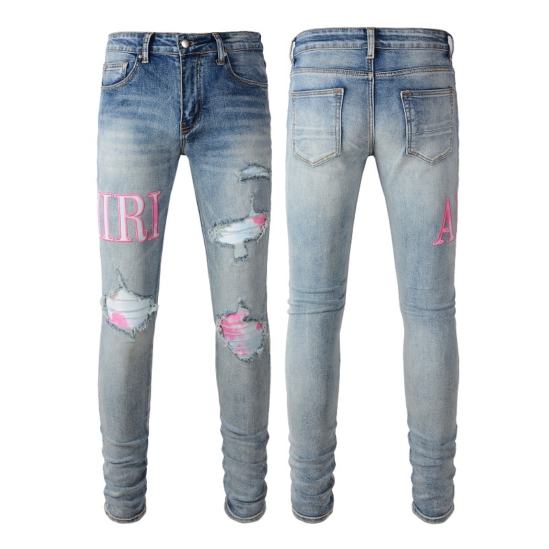 Amiri Pink Logo Patch Ripped Jeans OKZY202618