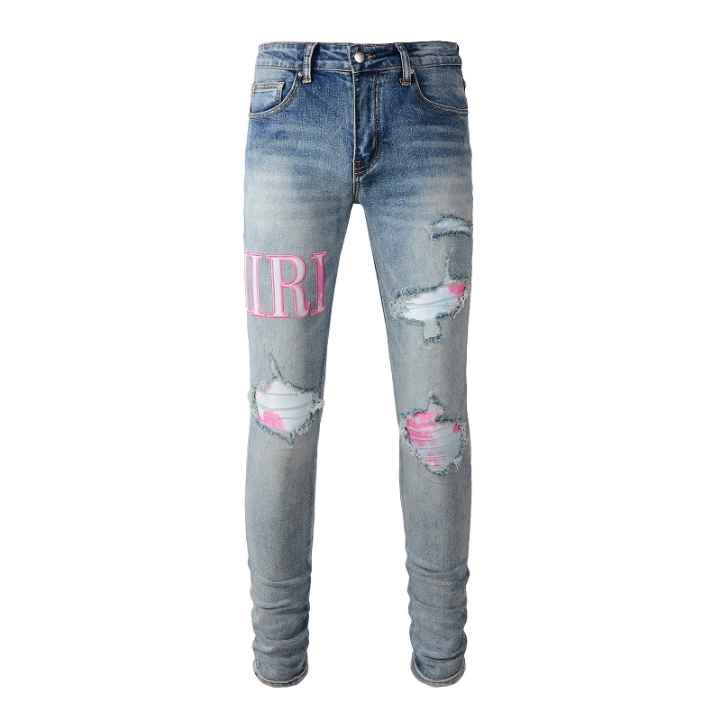Amiri Pink Logo Patch Ripped Jeans OKZY202618