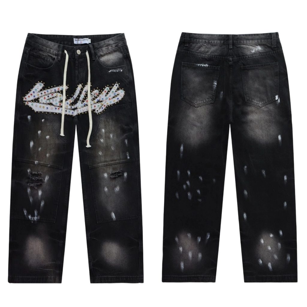 Valley Black Rhinestone Logo Distressed Jeans OKZY2026218