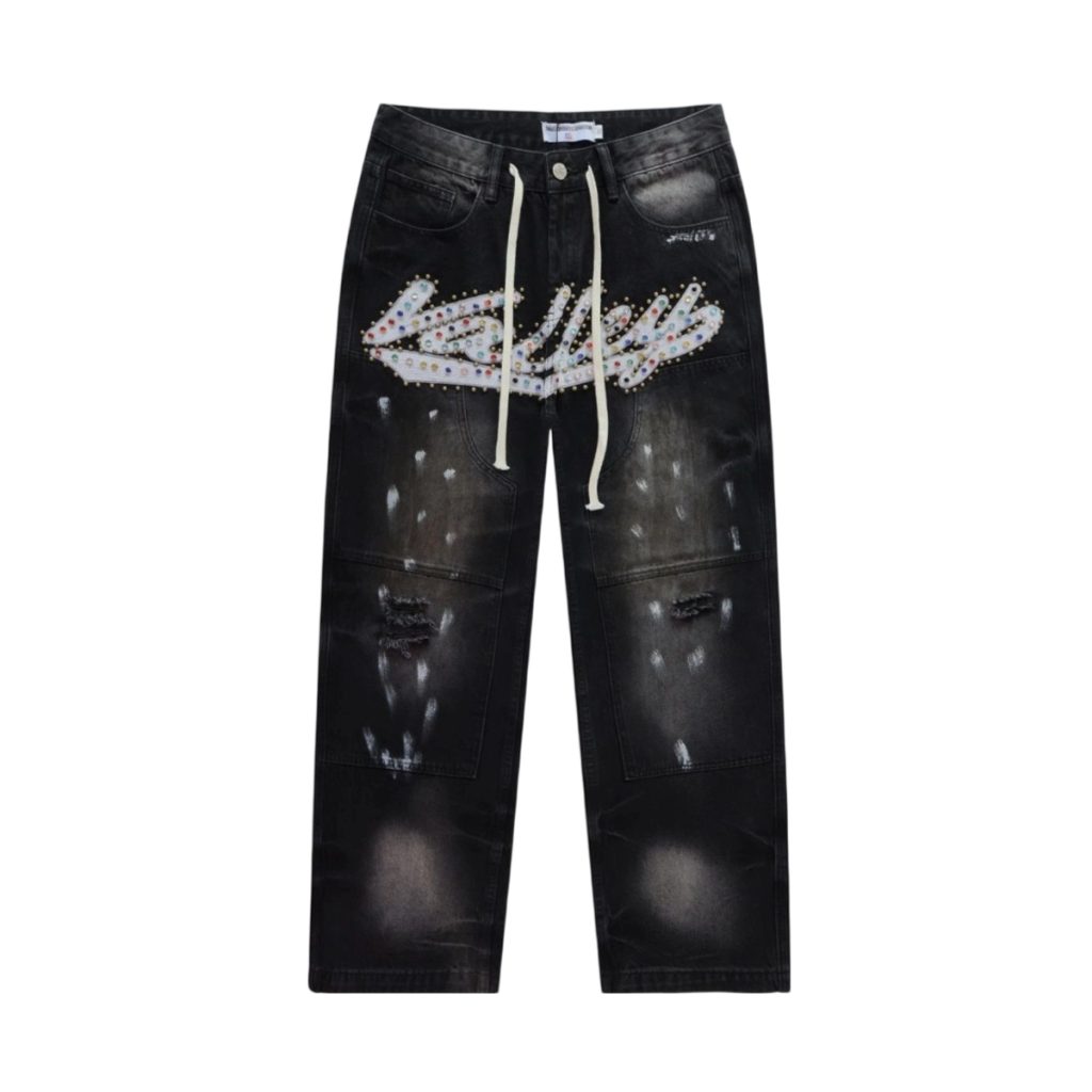 Valley Black Rhinestone Logo Distressed Jeans OKZY2026218
