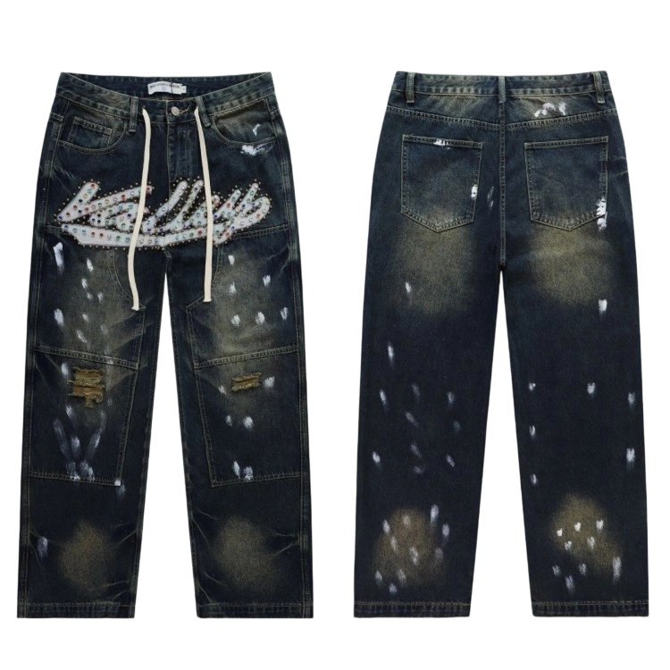Valley Vintage Wash Rhinestone Distressed Jeans OKZY2026219