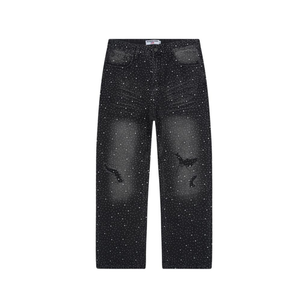 Valley Black Full Rhinestone Ripped Jeans OKZY2026253