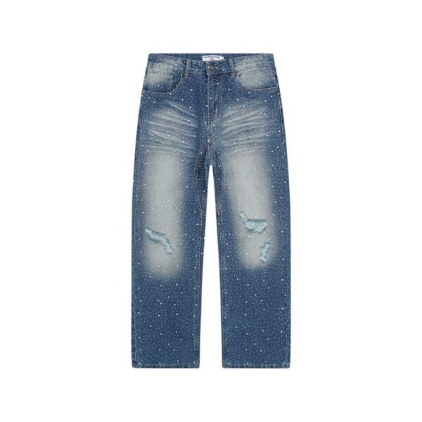 Valley Blue Full Rhinestone Ripped Jeans OKZY2026255