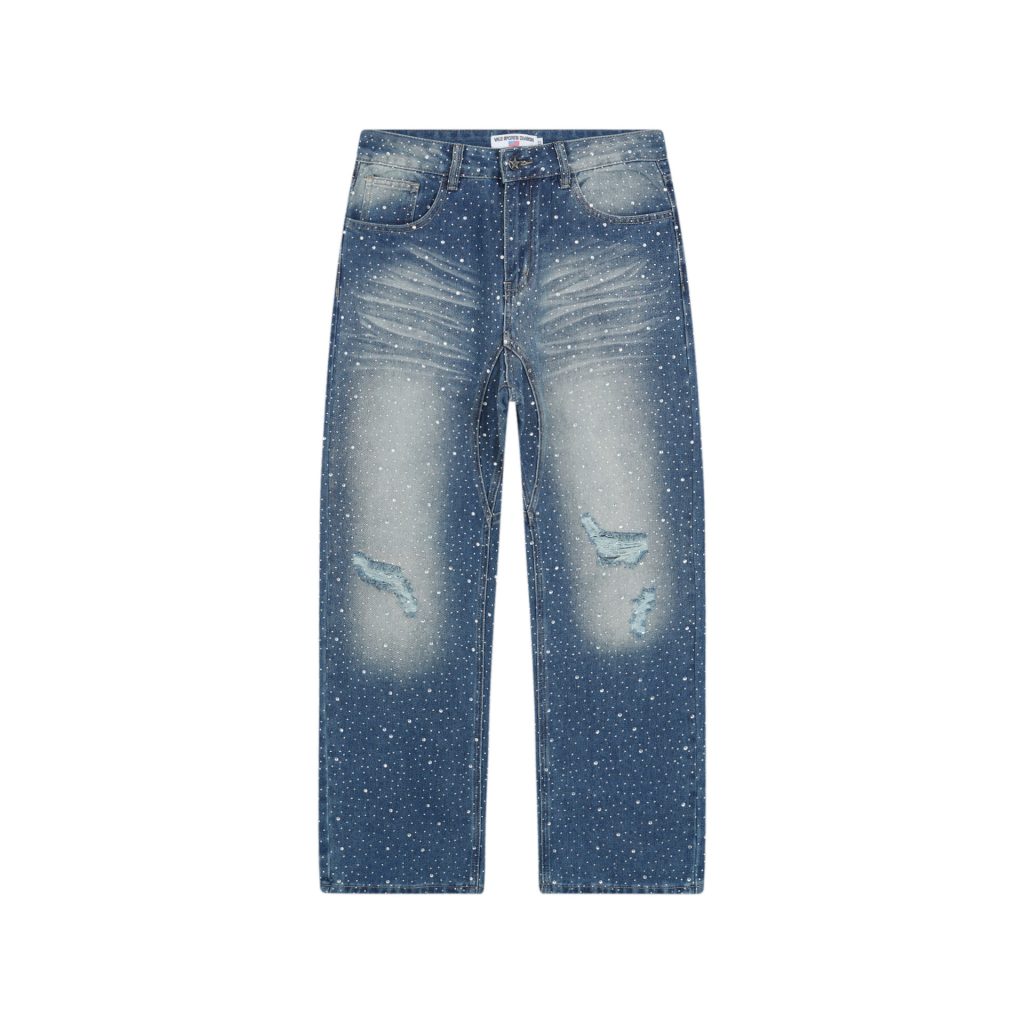 Valley Blue Full Rhinestone Ripped Jeans OKZY2026255
