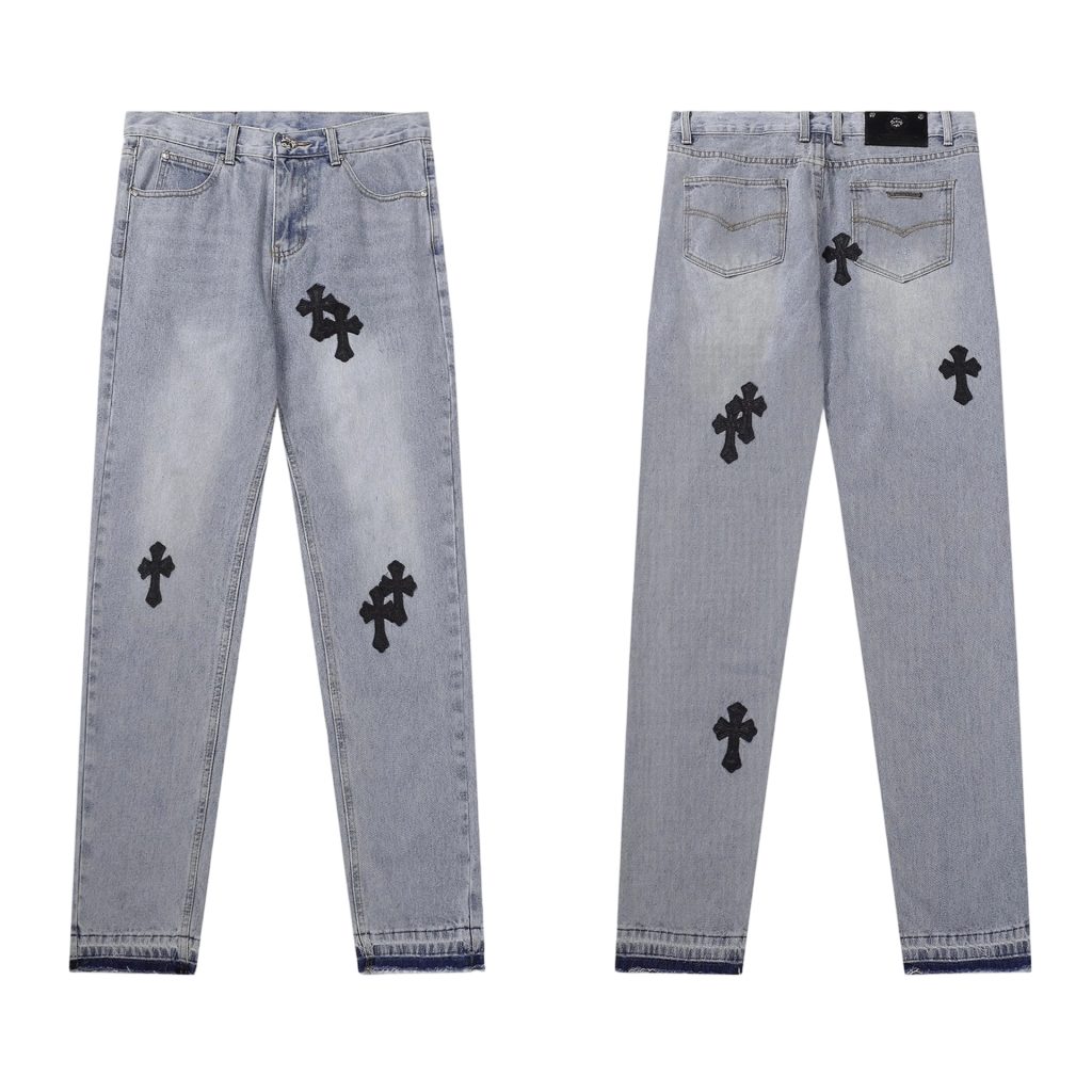 Chrome Hearts Black Cross Patch Light Wash Jeans OKZY2026468