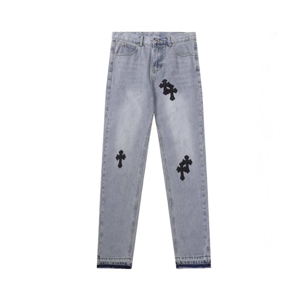 Chrome Hearts Black Cross Patch Light Wash Jeans OKZY2026468