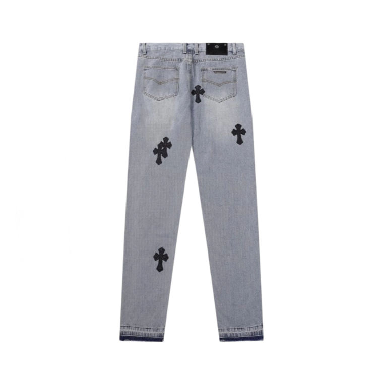 Chrome Hearts Black Cross Patch Light Wash Jeans OKZY2026468