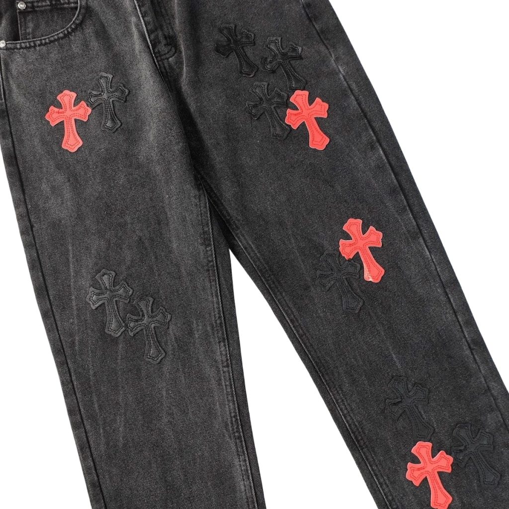 Chrome Hearts Red Cross Patch Washed Black Jeans OKZY2026471