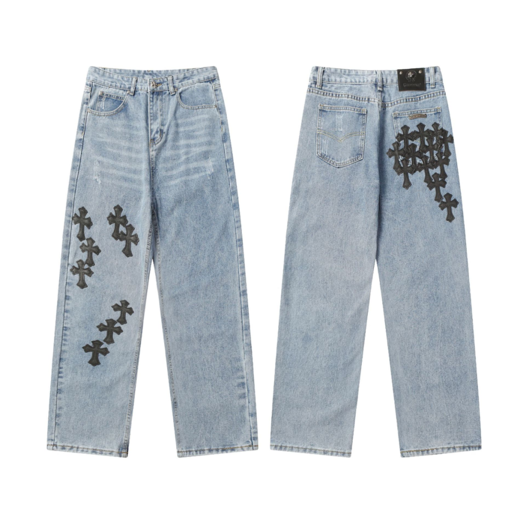 Chrome Hearts Cluster Black Cross Light Wash Jeans OKZY2026475