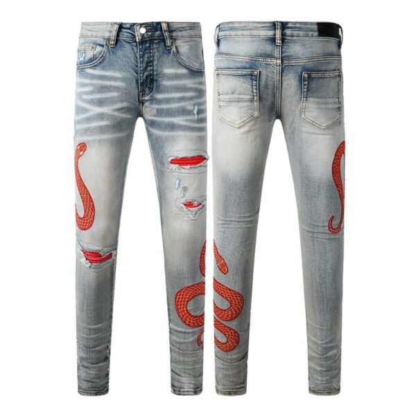Amiri Red Snake Embroidery Ripped Jeans OKZY202647