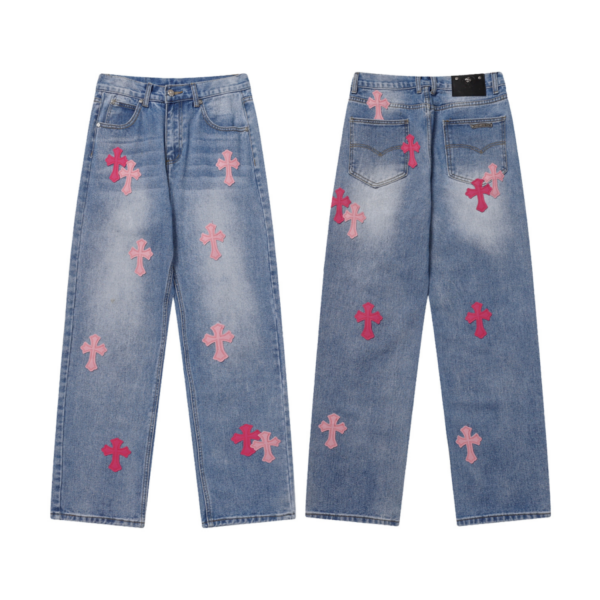 Chrome Hearts Pink Gradient Cross Patch Light Wash Jeans OKZY2026480
