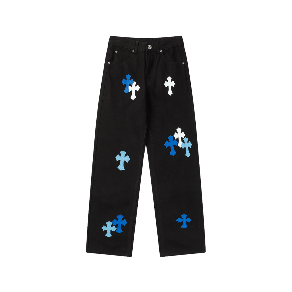Chrome Hearts Multi Shade Blue Cross Patch Black Jeans OKZY2026483