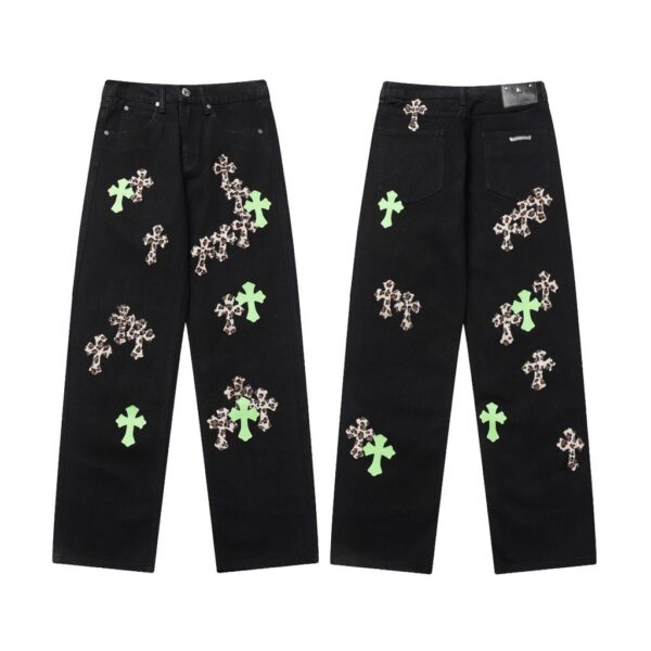 Chrome Hearts Neon Green Leopard Cross Patch Black Jeans OKZY2026484