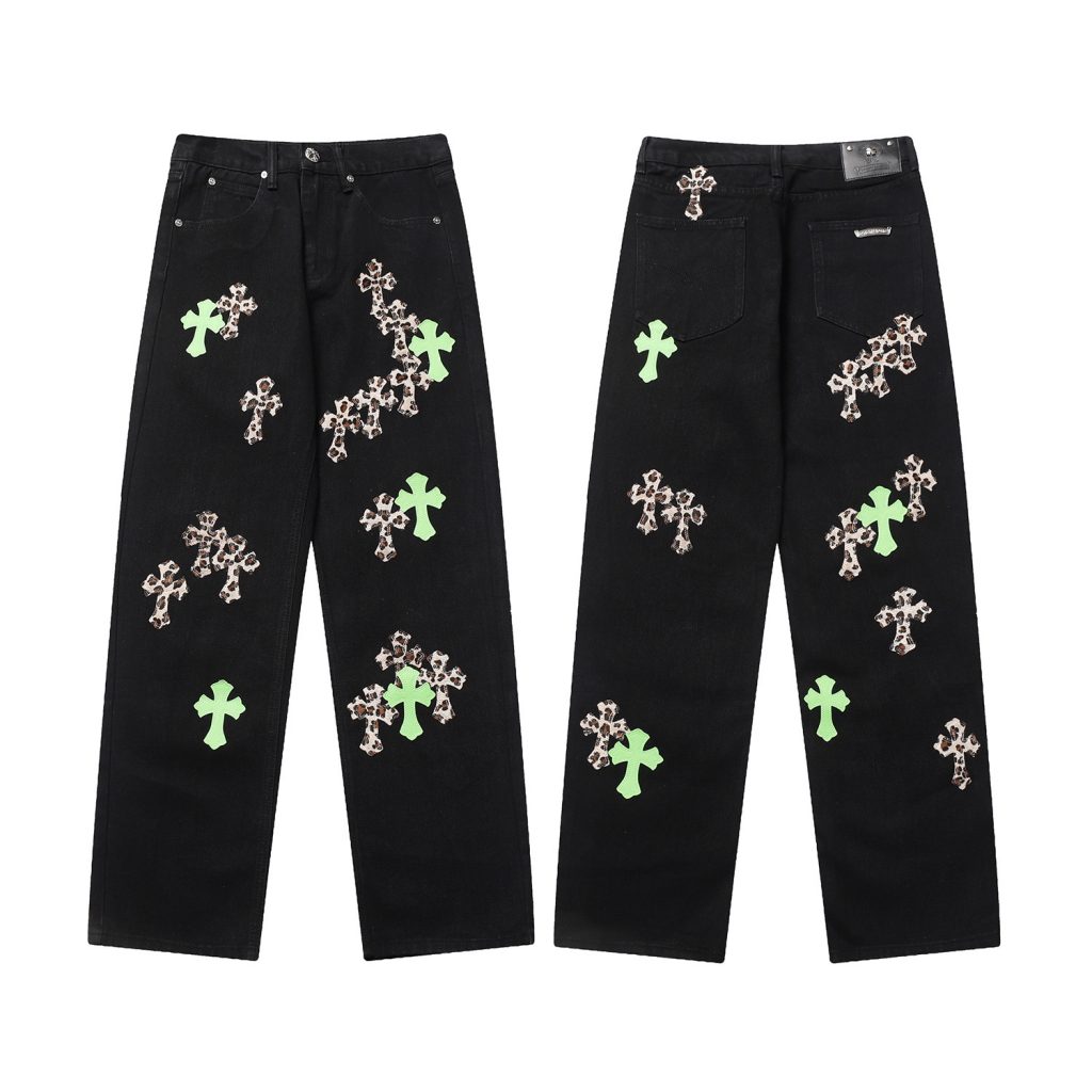 Chrome Hearts Neon Green Leopard Cross Patch Black Jeans OKZY2026484