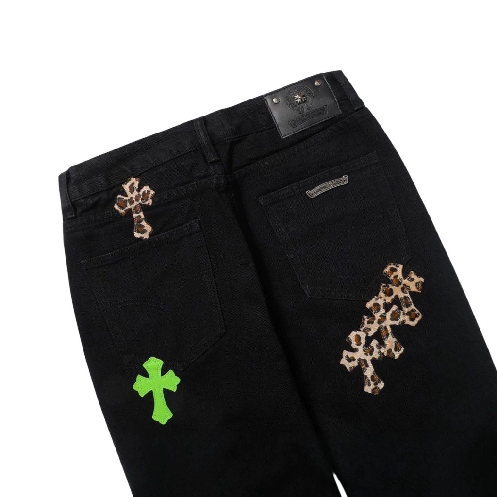 Chrome Hearts Neon Green Leopard Cross Patch Black Jeans OKZY2026484