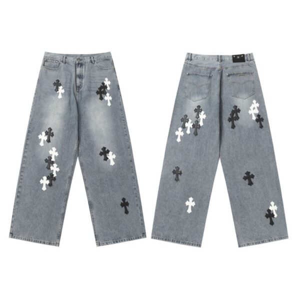 Chrome Hearts Black & White Cross Patch Light Wash Baggy Jeans OKZY2026486