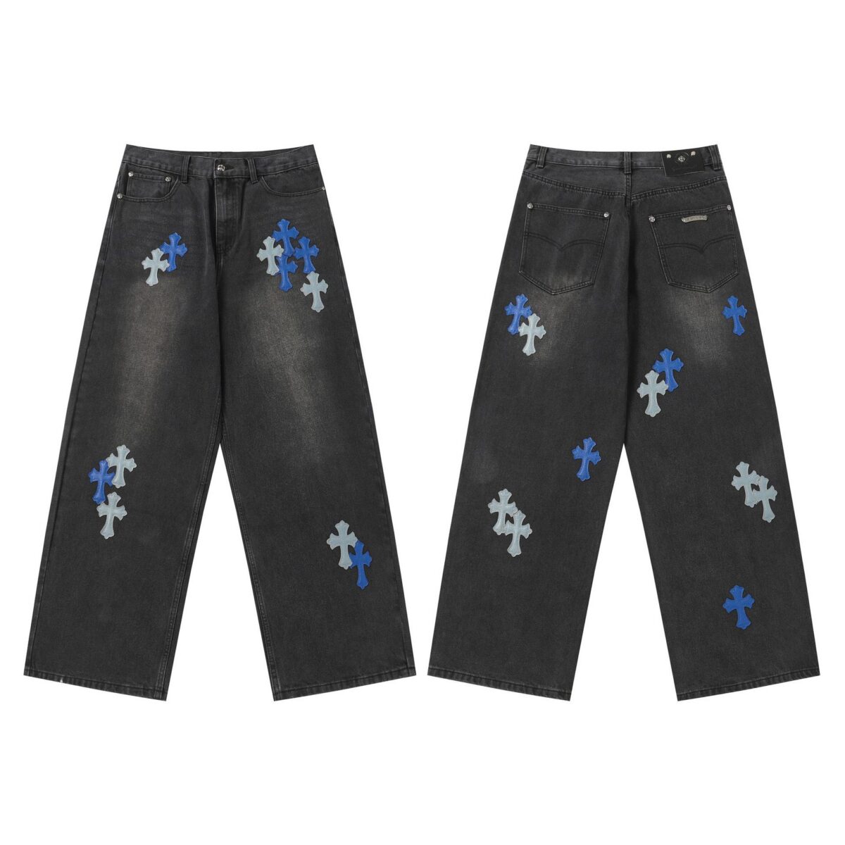 Chrome Hearts Blue Gradient Cross Patch Black Washed Baggy Jeans OKZY2026487