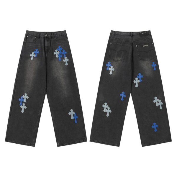 Chrome Hearts Blue Gradient Cross Patch Black Washed Baggy Jeans OKZY2026487