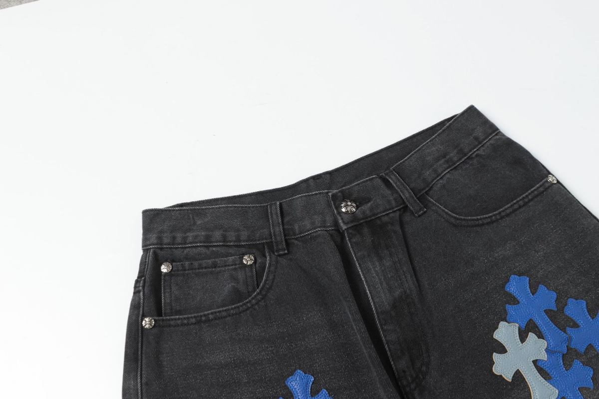 Chrome Hearts Blue Gradient Cross Patch Black Washed Baggy Jeans OKZY2026487