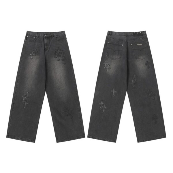 Chrome Hearts All Black Embossed Cross Patch Dark Wash Jeans OKZY2026488