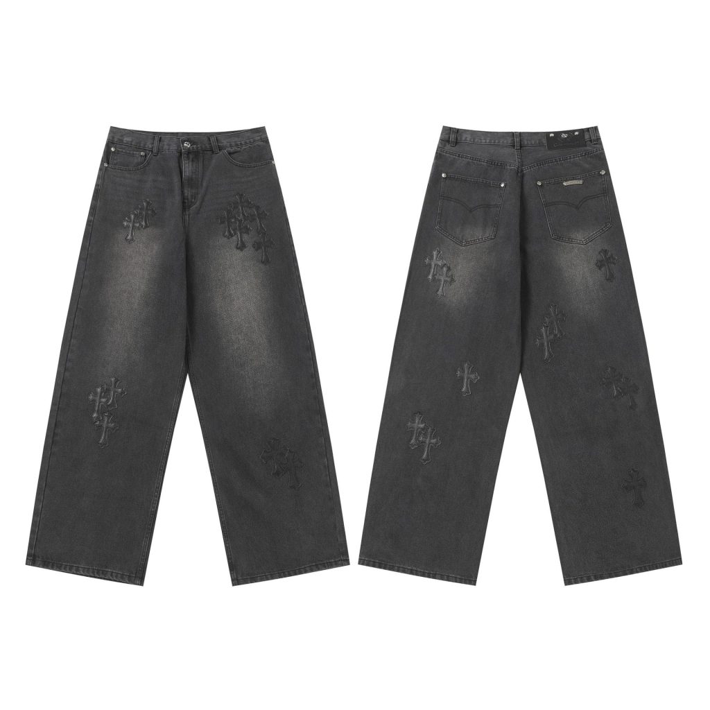 Chrome Hearts All Black Embossed Cross Patch Dark Wash Jeans OKZY2026488