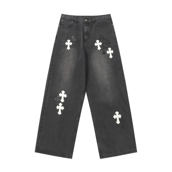 Chrome Hearts White & Black Cross Patch Vintage Black Baggy Jeans OKZY2026489
