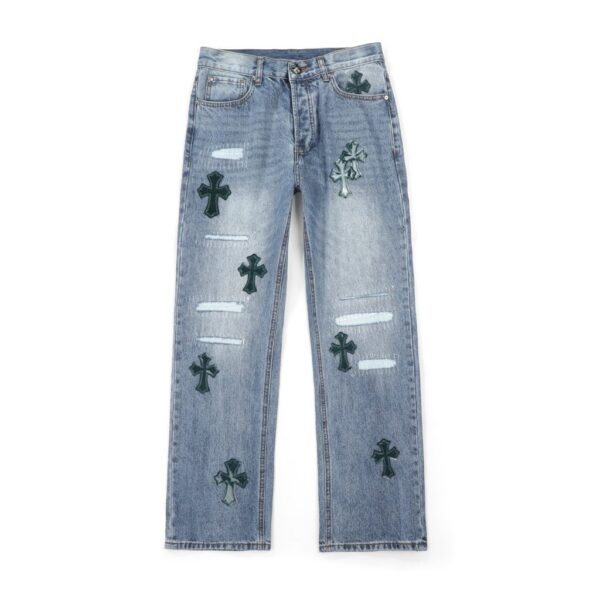 Chrome Hearts Light Blue Ripped Dark Green Cross Patch Jeans OKZY2026504