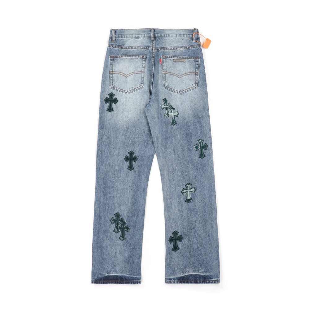 Chrome Hearts Light Blue Ripped Dark Green Cross Patch Jeans OKZY2026504