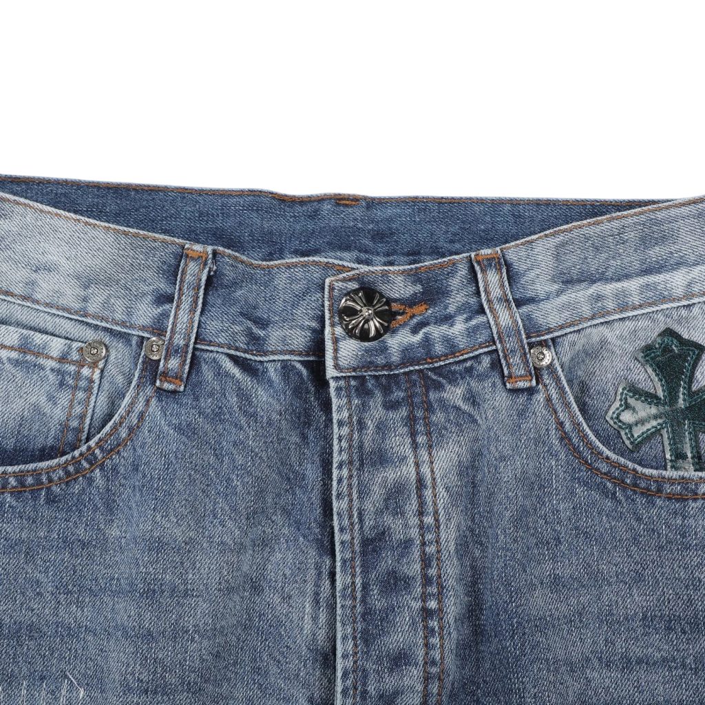Chrome Hearts Light Blue Ripped Dark Green Cross Patch Jeans OKZY2026504
