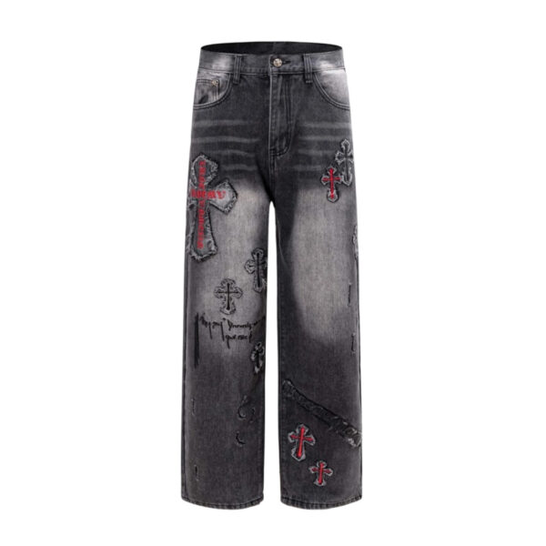 Chrome Hearts Vintage Black Red Cross Fringe Jeans OKZY2026505