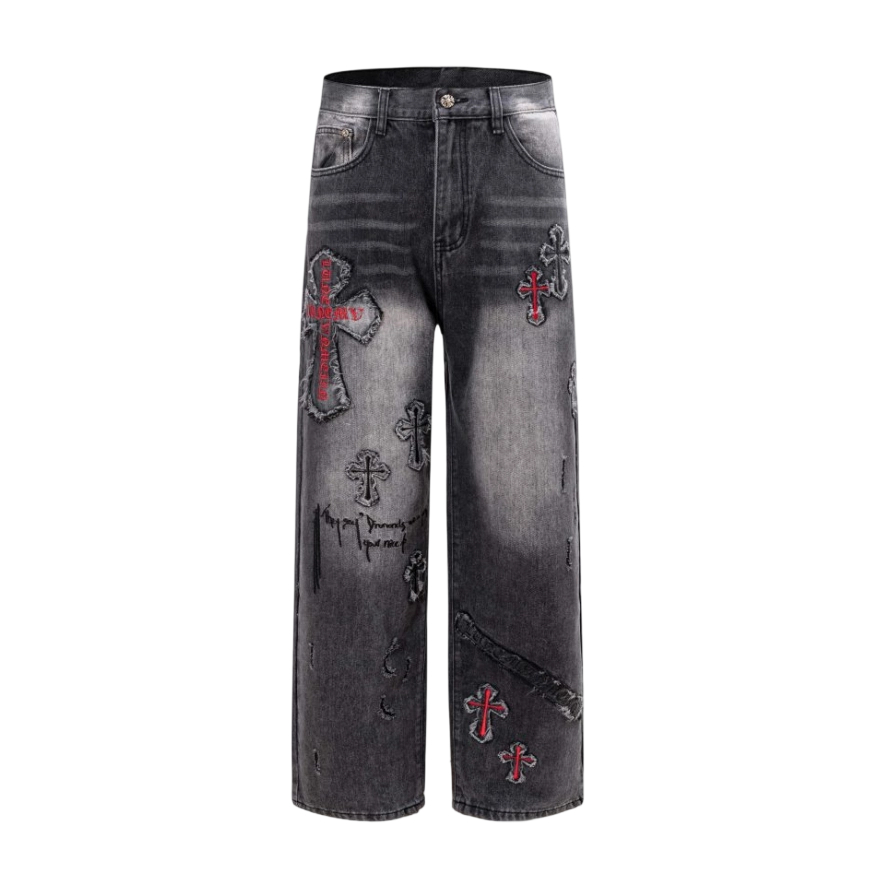Chrome Hearts Vintage Black Red Cross Fringe Jeans OKZY2026505