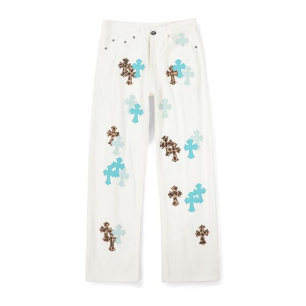 Chrome Hearts White Leopard Cyan Cross Patch Jeans OKZY2026506