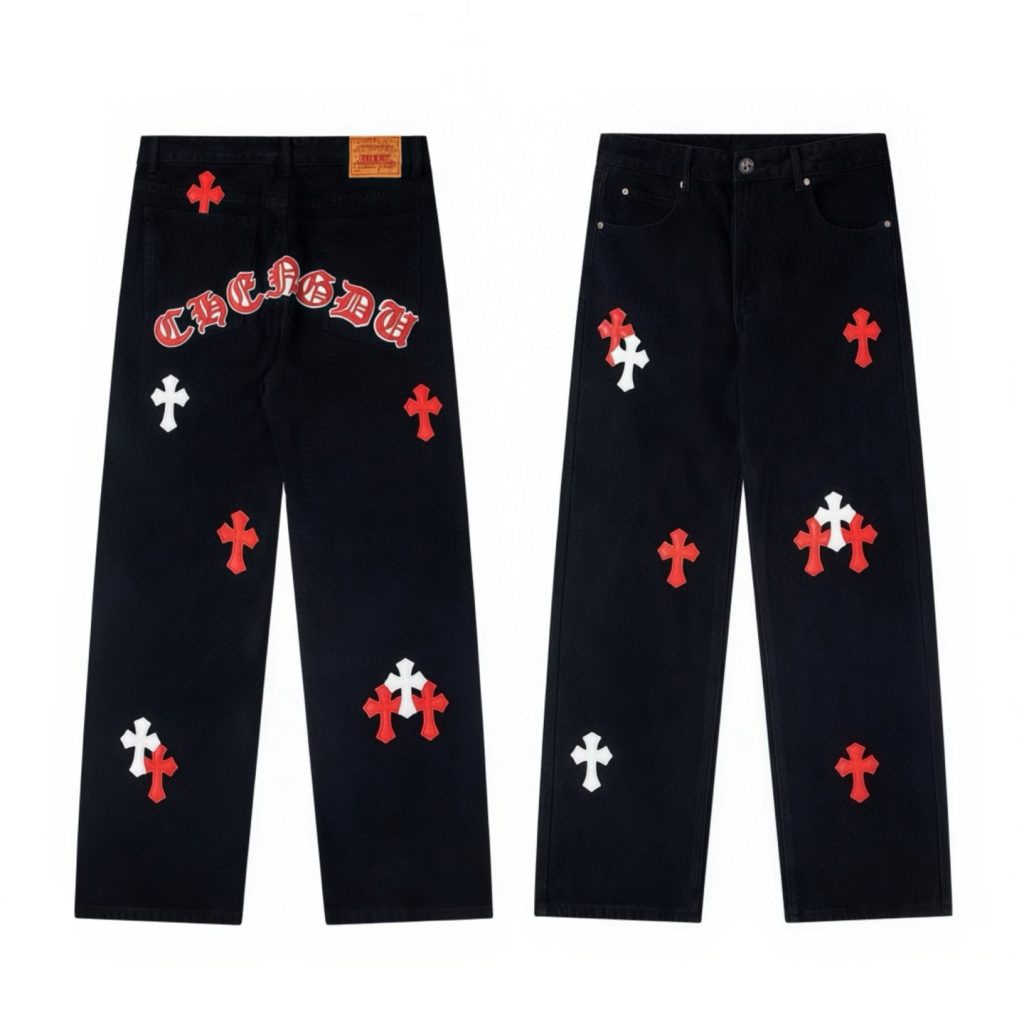 Chrome Hearts Black Red White Cross Letter Patch Jeans OKZY2026507