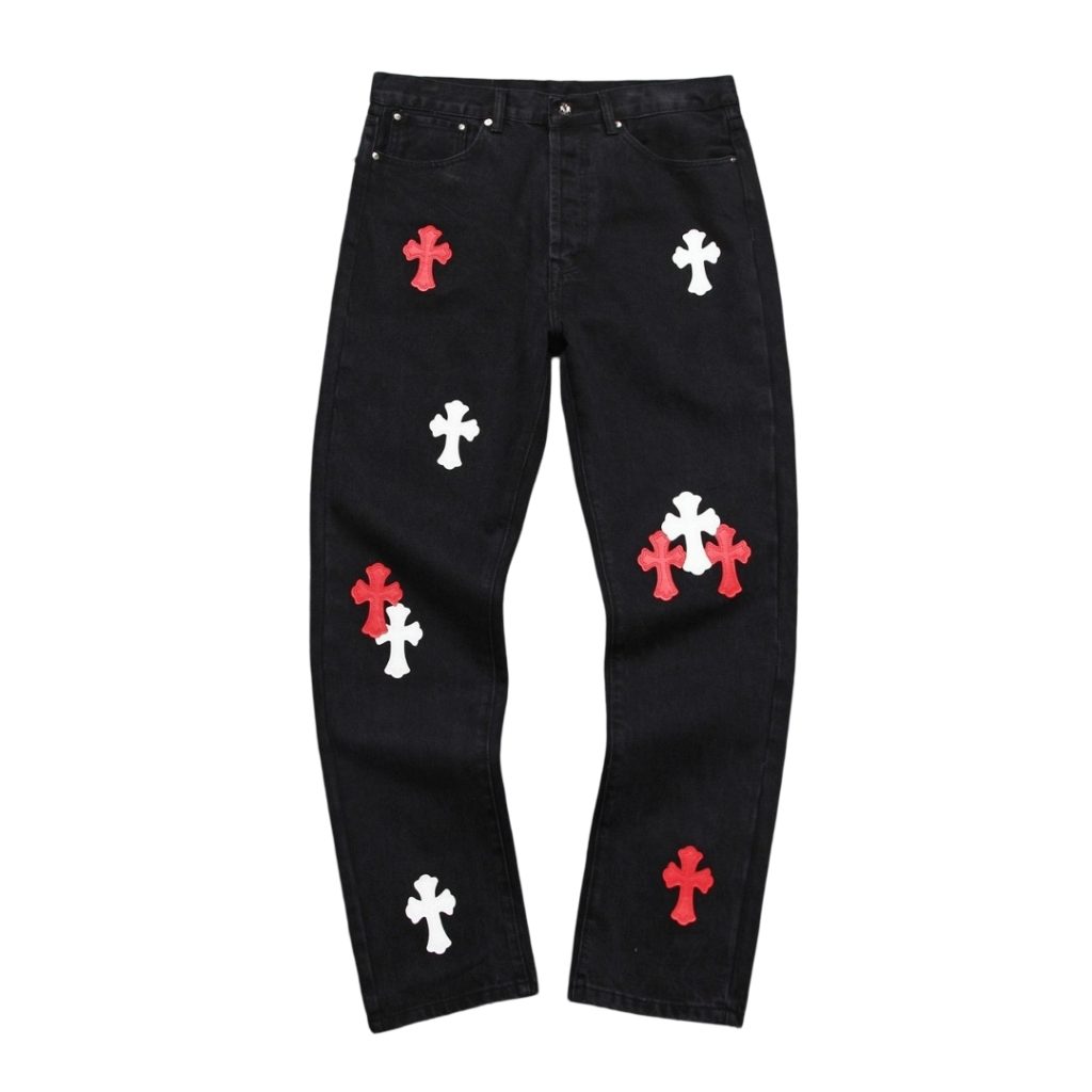 Chrome Hearts Black Red White Cross Letter Patch Jeans OKZY2026507