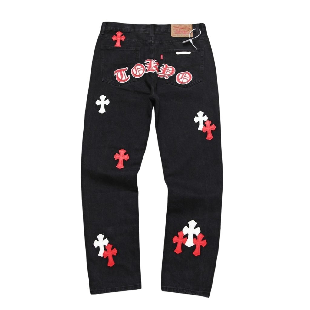 Chrome Hearts Black Red White Cross Letter Patch Jeans OKZY2026507