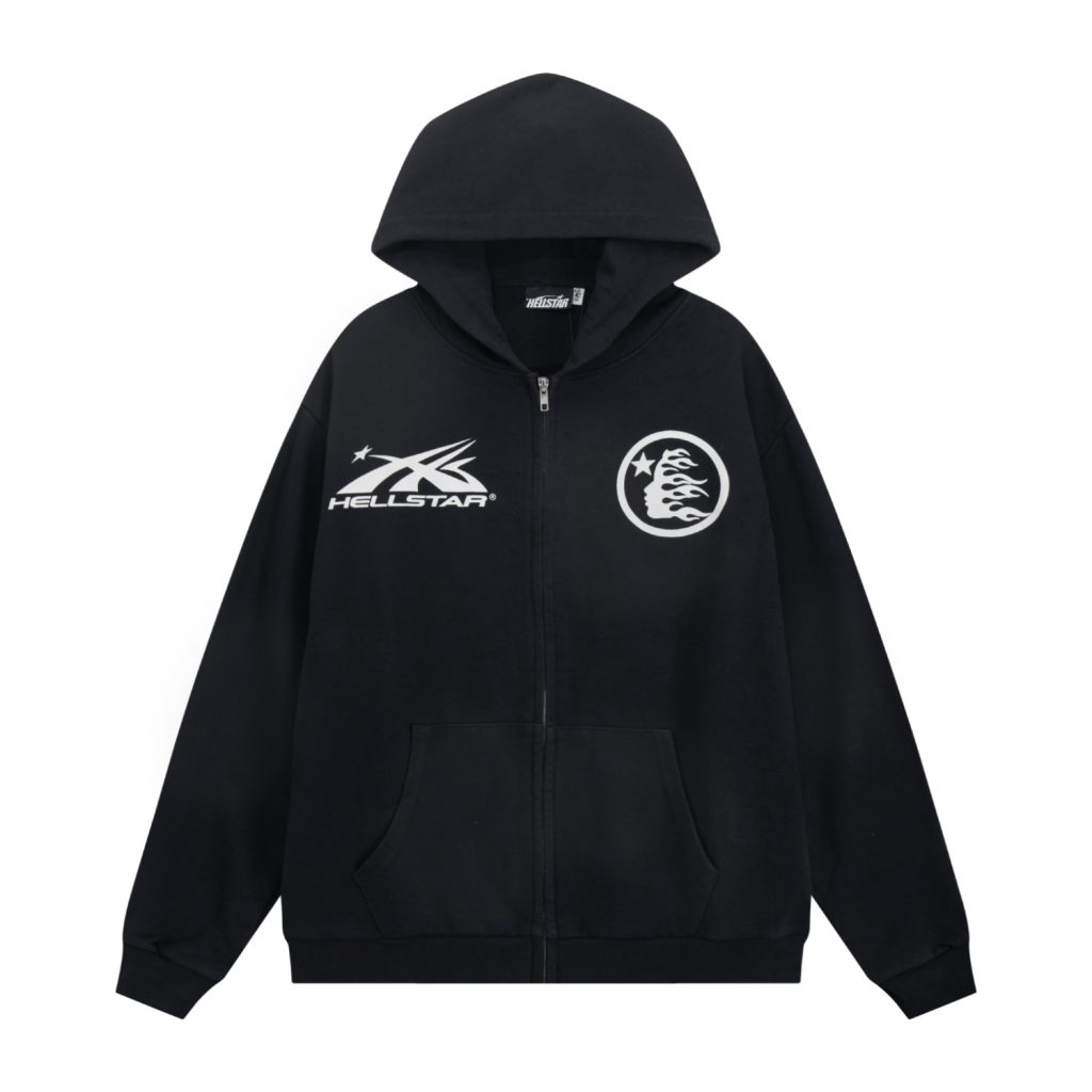 Hellstar Basic Printed Washed Zipper Hoodie Wash Water Black OKZY2026789