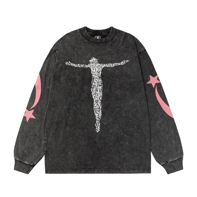 Hellstar Pink Star Cross Vintage Black Long Sleeve Tee OKZY2026804