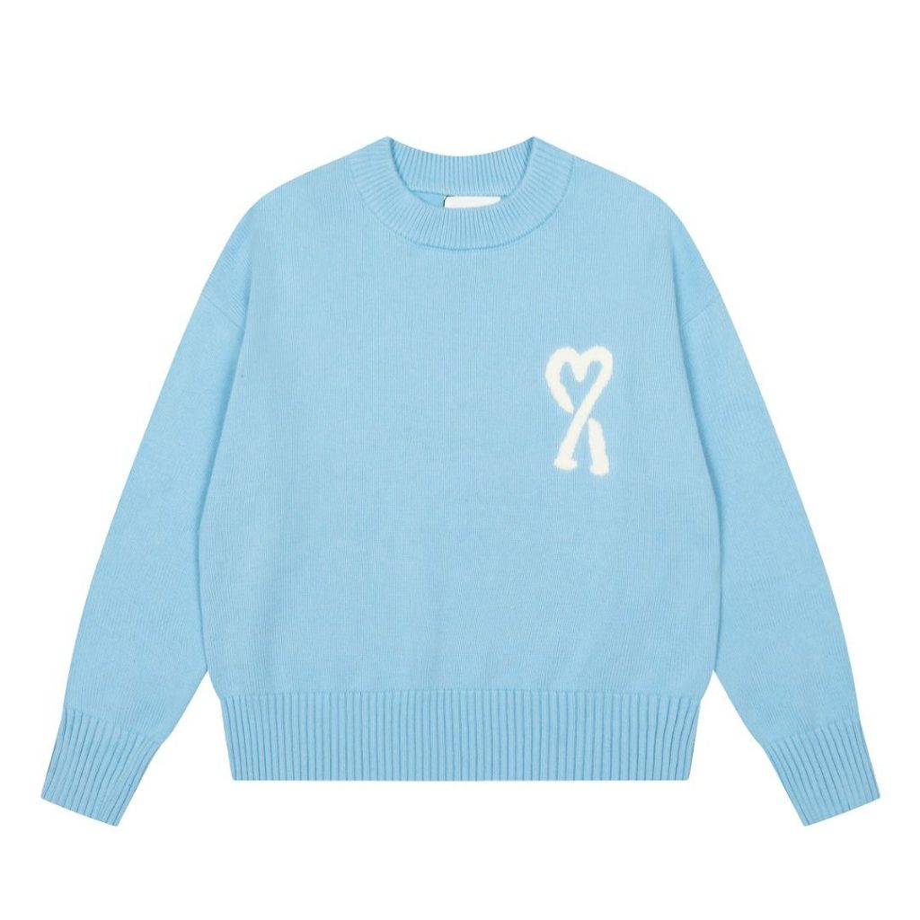 AMI White Heart Logo Light Blue Sweater OKZY2026865