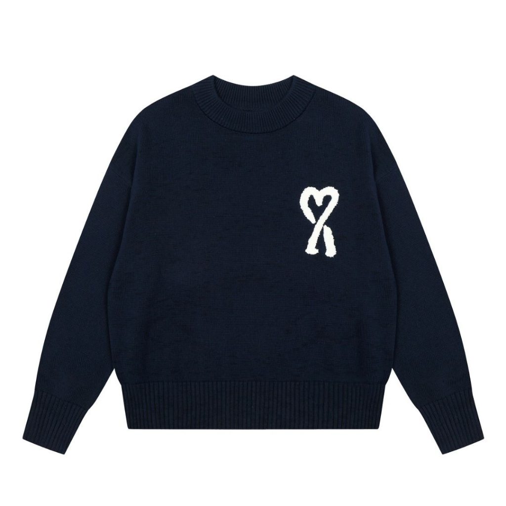 AMI White Heart Logo Navy Sweater OKZY2026869