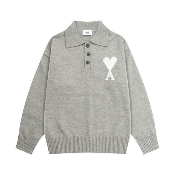 AMI White Heart Logo Grey Polo Sweater OKZY2026871
