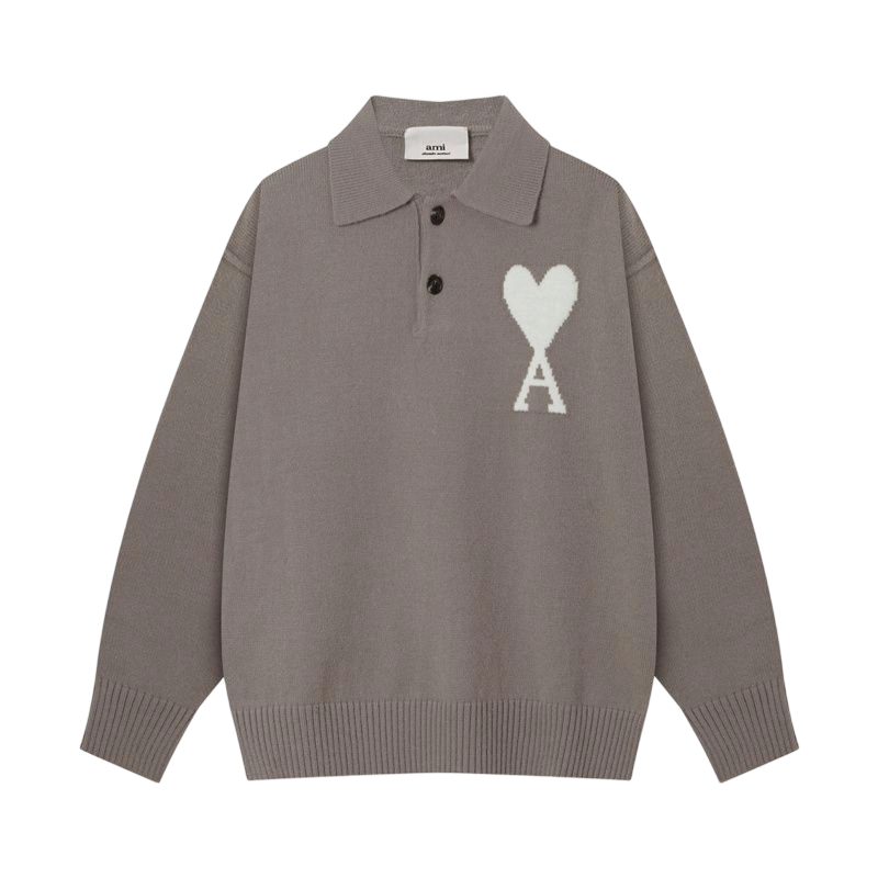 AMI White Heart Logo Taupe Polo Sweater OKZY2026872