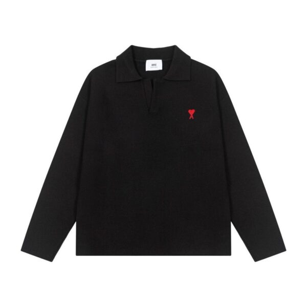 AMI Red Heart Logo Black Polo Knit OKZY2026874