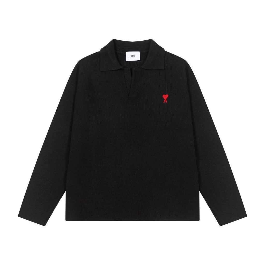 AMI Red Heart Logo Black Polo Knit OKZY2026874