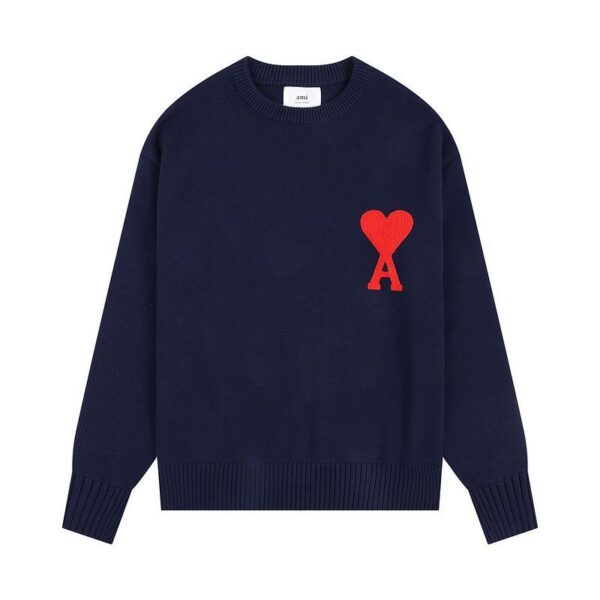 AMI Large Red Heart Logo Navy Sweater OKZY2026886