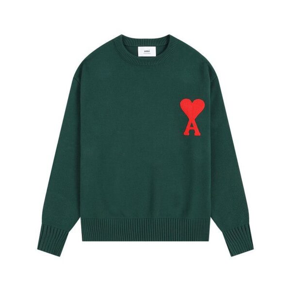 AMI Large Red Heart Logo Dark Green Sweater OKZY2026887